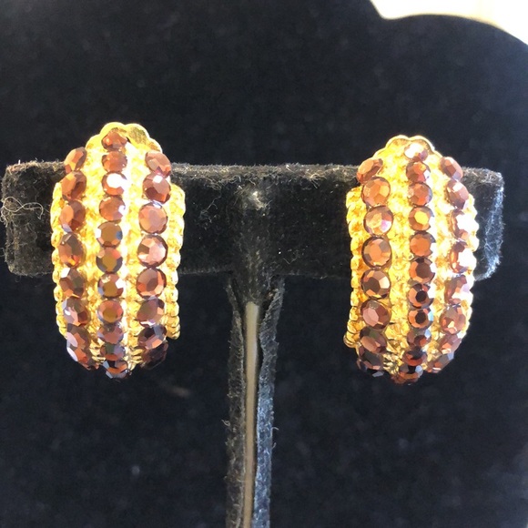 Smoky Topaz Austrian Crystal 1/2 Hoop Style Vintage Earrings-Boutique - Picture 3 of 9